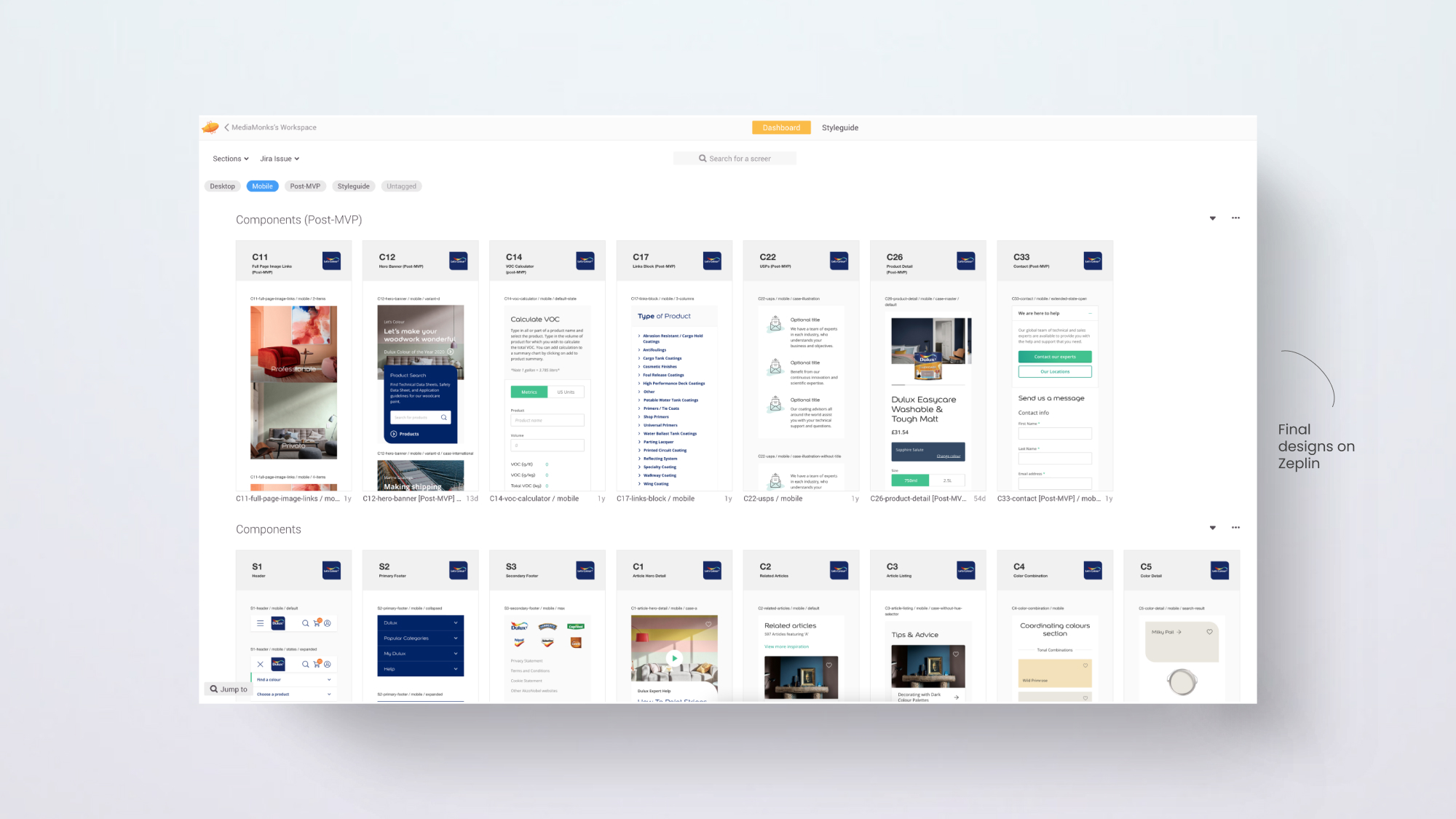 Final designs exported to Zeplin for developer handoff