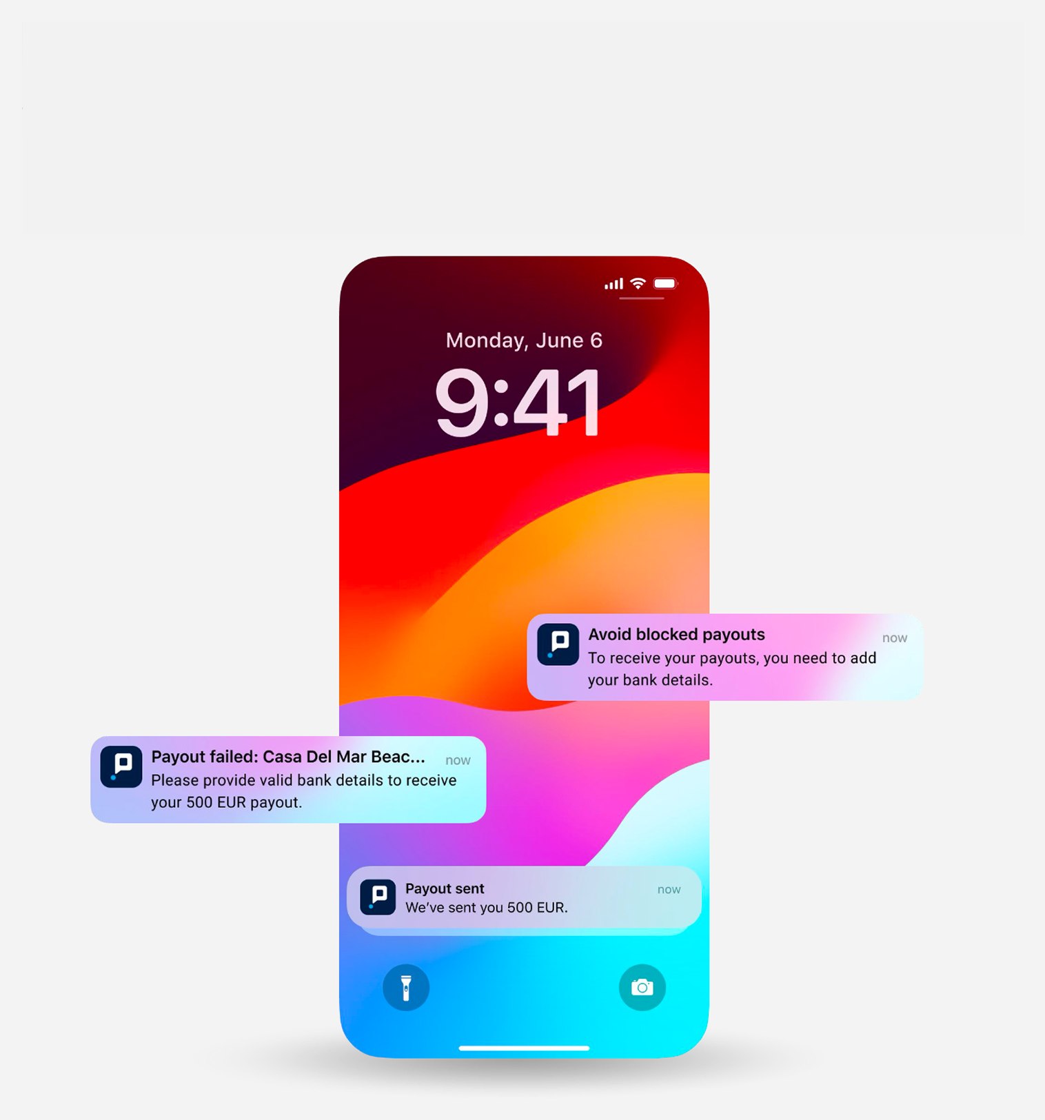 Lock screen showing Pulse push notifications for payout sent and payout failed alerts