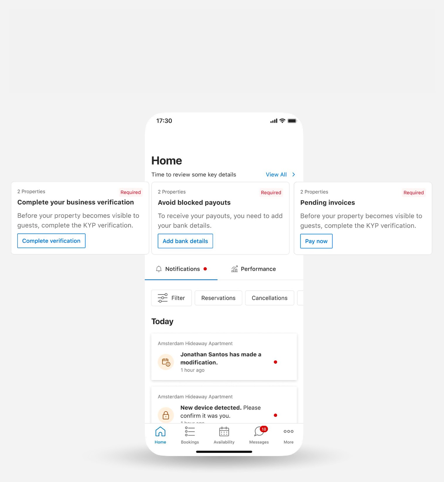 Pulse homepage showing the financial setup onboarding cards for business verification, bank details, and pending invoices