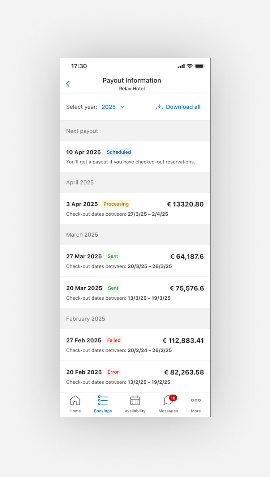 After: the redesigned Payout Info page as native mobile cards with status tags