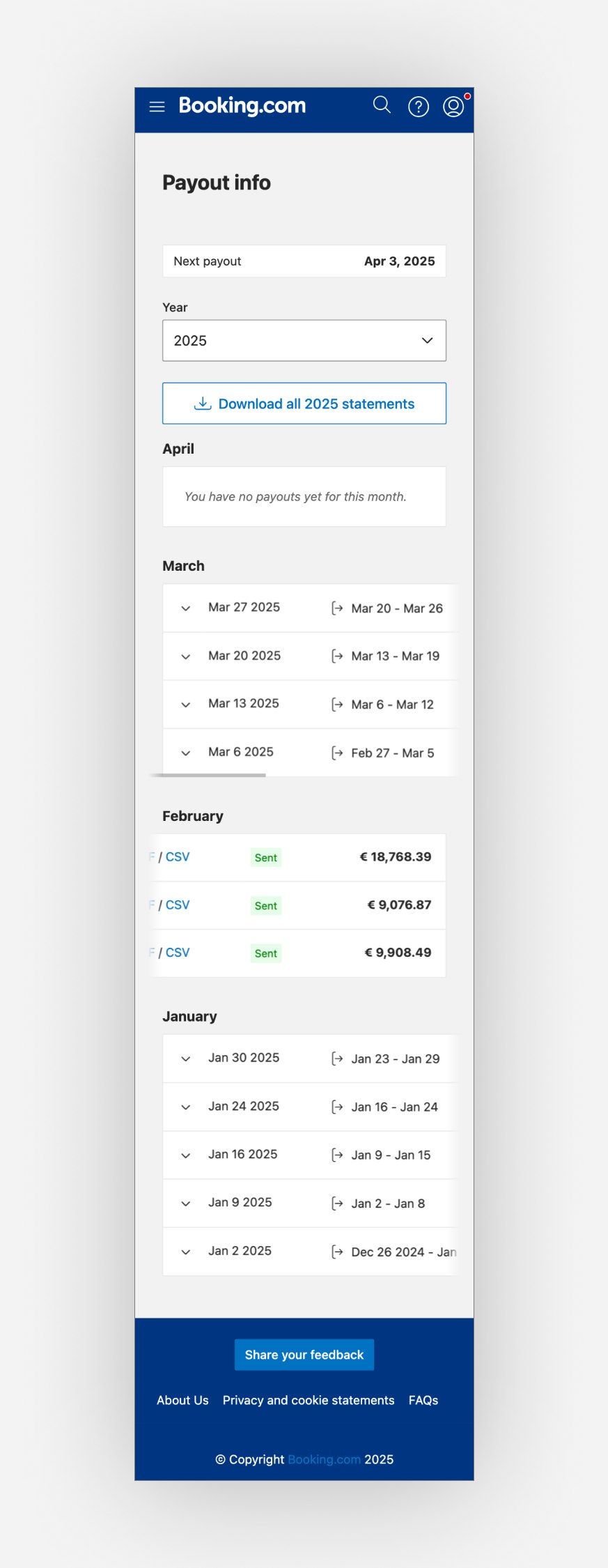 Before: the original Payout Info page, a dense desktop-style table